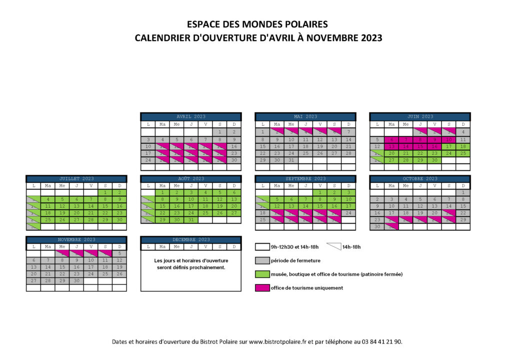 Calendrier d'ouverture 2023